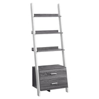 69" Grey and White Particle Board Ladder Bookcase with Two Storage Drawers