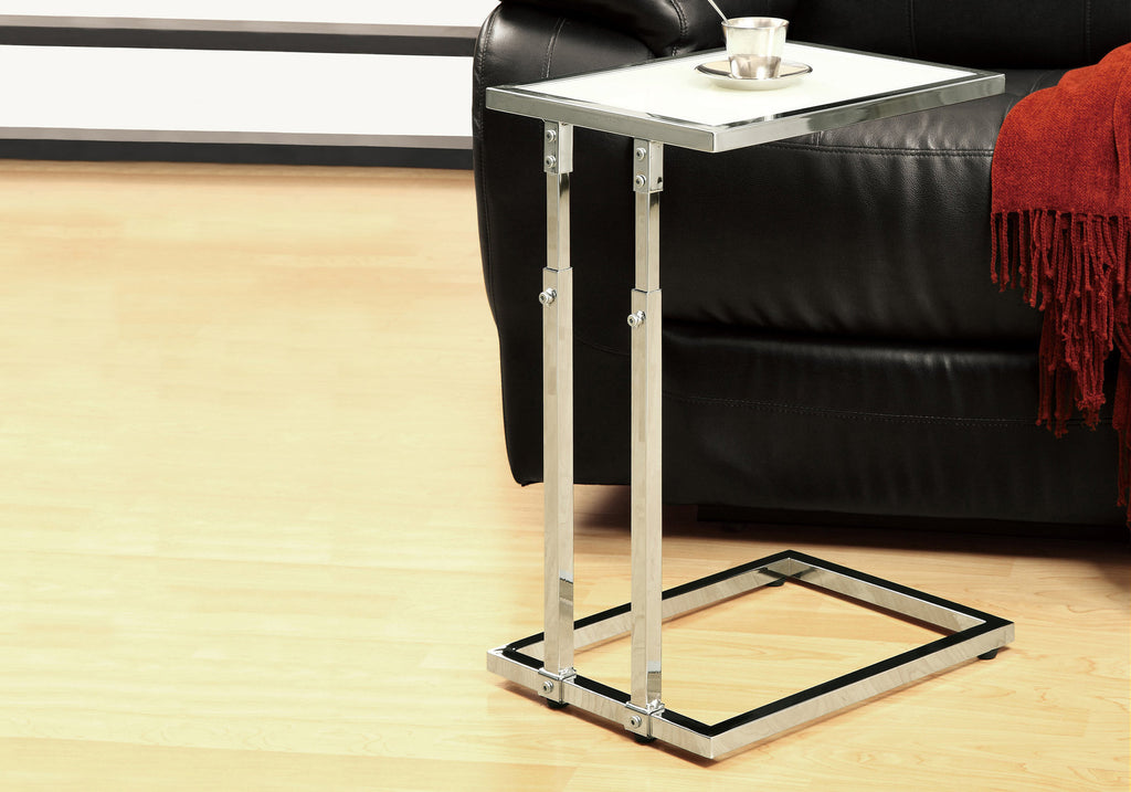 26" White Chrome Metal and Tempered Glass Accent Table with Adjustable Height