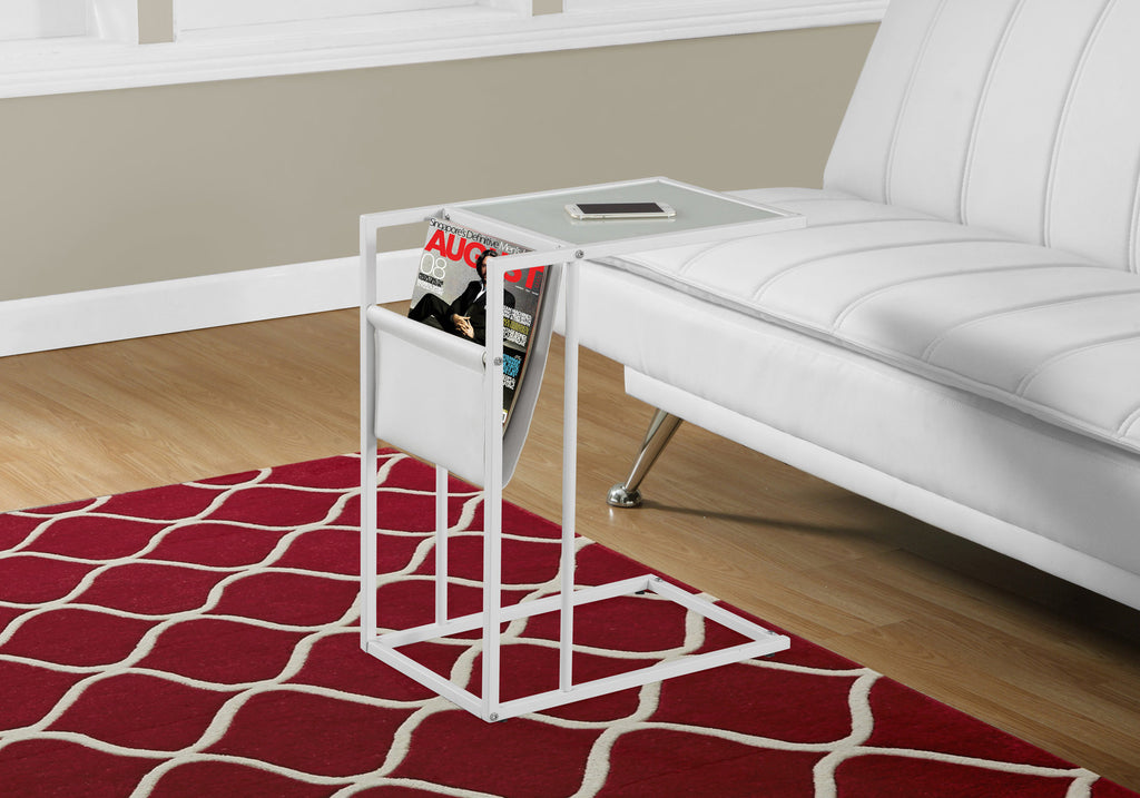 24" White Metal and Tempered Glass Accent Table with a Magazine Rack