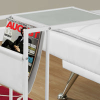 24" White Metal and Tempered Glass Accent Table with a Magazine Rack
