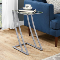 24" Silver Metal and Clear Tempered Glass Accent Table