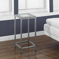28" Grey and Hammered Silver Metal Accent Table with a Blue Tile Top