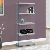 60" Grey Cement Particle Board and Clear Tempered Glass Bookcase