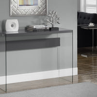 32" Glossy Grey Particle Board and Clear Tempered Glass Accent Table