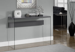 32" Glossy Grey Particle Board and Clear Tempered Glass Accent Table