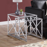 38" Chrome Metal and Tempered Glass Two Pieces Nesting Table Set