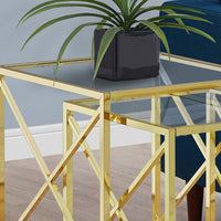 38" Gold Metal and Tempered Glass Two Pieces Nesting Table Set