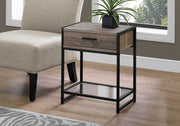 22.25" Dark Taupe MDF, Black Metal, and Tempered Glass Accent Table