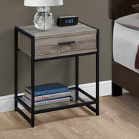 22.25" Dark Taupe MDF, Black Metal, and Tempered Glass Accent Table