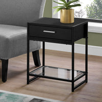 22.25" Black MDF, Black Metal, and Tempered Glass Accent Table