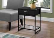 22.25" Black MDF, Black Metal, and Tempered Glass Accent Table