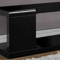 15.75" High Glossy Black MDF, Hollow Core, and Clear Tempered Glass TV Stand