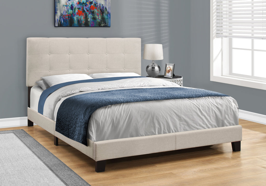 45.75" Beige Solid Wood, MDF, Foam, and Linen Queen Size Bed