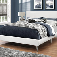 47.25" White Solid Wood, MDF, Foam, and Linen Queen Sized Bed with Chrome Legs