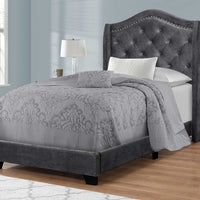 56.5" Dark Grey Foam, MDF, Solid Wood, & Linen Twin Size Bed with a Chrome Trim