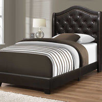 56.5" Brown Foam, MDF, Solid Wood, and Linen Twin Size Bed with a Brass Trim