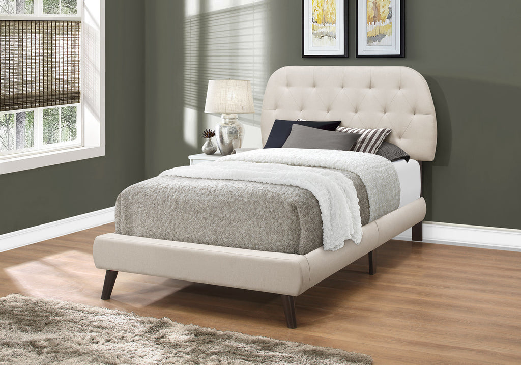 45.25" Beige Solid Wood, MDF, Foam, and Linen Twin Sized Bed with Wood Legs