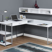 47.25" White MDF and Silver Metal Corner Computer Desk