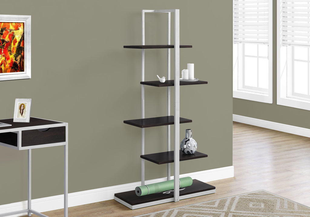 60" Cappuccino MDF and Silver Metal Bookshelf