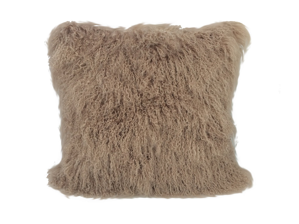 24" Beige Genuine Tibetan Lamb Fur Pillow with Microsuede Backing