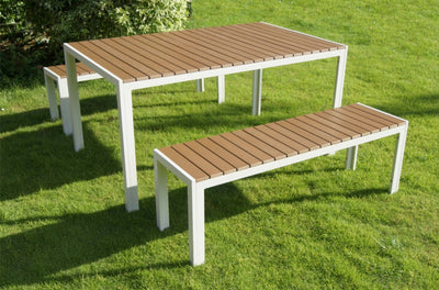 Anodized Aluminum Table And Bench Set In White (Set of 3)