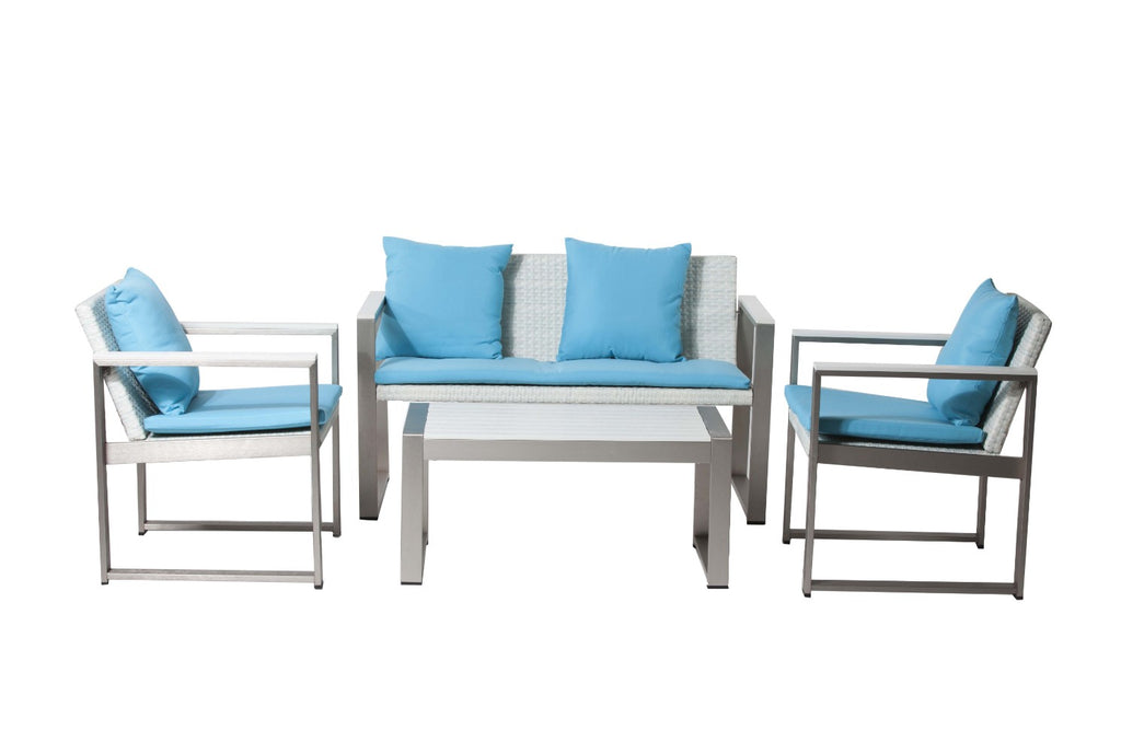 Outdoor Lounge Set In White-Turquoise (Set of 4)