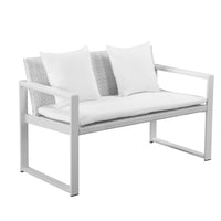 Upholstered Anodized Aluminum Cushioned Sofa with Rattan, White