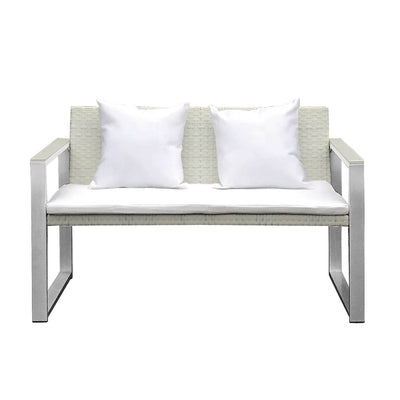 Anodized Aluminum Upholstered Cushioned Sofa with Rattan, White