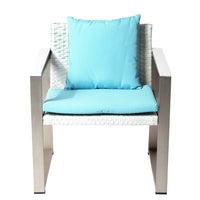Anodized Aluminum Upholstered Cushioned Chair with Rattan, White-Turquoise
