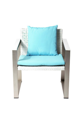 Anodized Aluminum Upholstered Cushioned Chair with Rattan, White-Turquoise