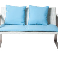 Aluminum Upholstered Cushioned Sofa with Rattan, White-Turquoise