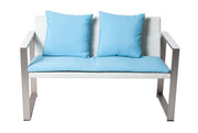 Aluminum Upholstered Cushioned Sofa with Rattan, White-Turquoise