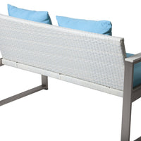 Aluminum Upholstered Cushioned Sofa with Rattan, White-Turquoise