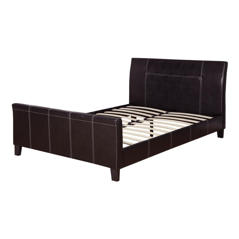 Queen Bed,Espresso Faux Leather With 14 Slats,Brown