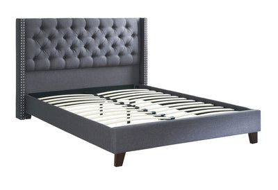 Polyfiber Upholstered Full Size Bed Featuring Nail head Trim Blue Gray