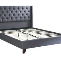 Polyfiber Upholstered Queen Size Bed Featuring Nail head Trim Blue Gray