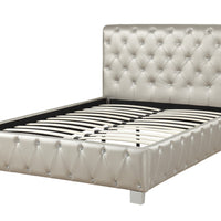 Polyurethane Leather Upholstered Button Tufted California King Bed, Silver