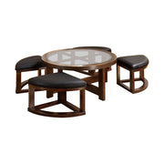 Round Wooden Coffee Table With Stylish Wedge Shaped 4 Ottomans