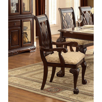 Traditional Style WoodenFabric Dinning Arm Chair With Carved Details, Brown & Cream, Set of 2