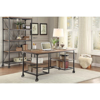 Metallic Writing Desk With Wooden Top And Shelves, Brown, Black