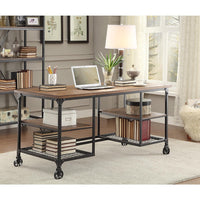 Metallic Writing Desk With Wooden Top And Shelves, Brown, Black