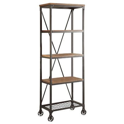 Metallic Book Case With Wooden Top And Shelves, Brown, Black