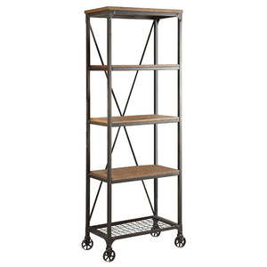 Metallic Book Case With Wooden Top And Shelves, Brown, Black