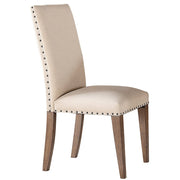 Wooden Side Chair Upholstered In Fabric With Nail head Trim, Cream & Brown, Set of 2