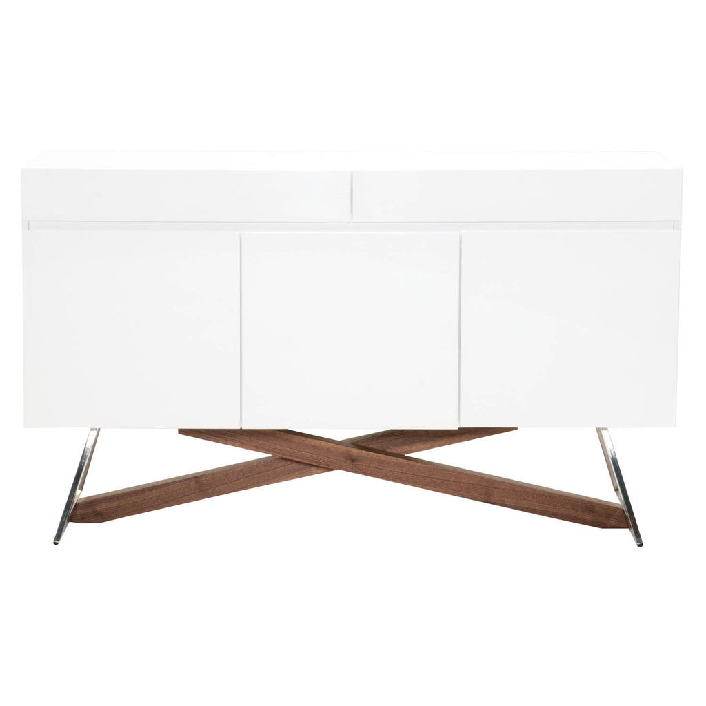 Buffet With Wooden Base Glossy White and Walnut Brown