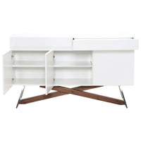 Buffet With Wooden Base Glossy White and Walnut Brown
