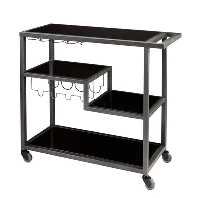 Bar Cart Gunmetal Gray Finish with Black Tempered Glass