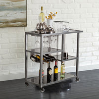 Bar Cart Gunmetal Gray Finish with Black Tempered Glass