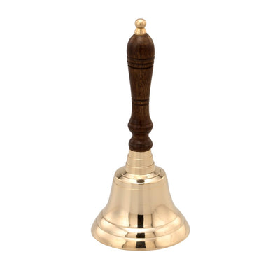 Handcrafted Brass Hand Bell With Wooden Handle, Gold and Brown