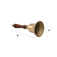 Handcrafted Brass 9 inch Hand Bell With Wooden Handle, Gold and Brown